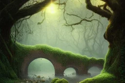 book cover!!!!!!!!!!!!, old bridge, ivy leaves graphic vectors at each border, fantasy forest landscape, fantasy magic, light night, intricate, elegant, sharp focus, illustration, highly detailed, digital painting, concept art, matte, art by wlop and artgerm and ivan shishkin and andrey shishkin, masterpiece