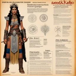 character concept sheet with AD&D statistics and characteristics, [photo from the TV series Sandokan (1976)] Frida Kahlo character as a barbarian queen