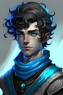 create a male water genasi from dungeons and dragons, dark short curly hair, undercut, blue eyes