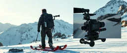 “Ultra-realistic outdoor adventure scene in snowy mountains. A rugged human adventurer carries a multifunctional backpack cam rig on a sled. The rig is integrated into the backpack with a telescopic camera mast, foldable sled/runners for low-angle shots, and small stabilizing wheels. Subtle LED lights on the rig glow softly. The backpack looks natural, weatherproof, and lightweight. Snow, rocks, and sunlight create natural shadows. The screen is split between footage and a pic of the equipment.