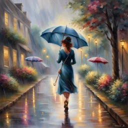 Painting of a Woman Walking in the Rain with an Umbrella, American Romance Painting, 4K Matte Thomas Kinkade, Thomas Kinkade, by Thomas Moran, inspired by Michael Komarck, ( ( Thomas Kinkade ), Thomas Kinkade, Thomas Kinkade, Thomas Kinkade Style, Thomas Kinkade Painting, Spring Eve, by Thomas Kinkade