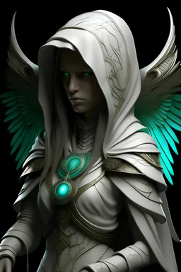 female, saint, angel wings, white hood, glowing runes, nordic runes, turquoise runes, eyes covered with a bandage, full body raw, hard-edge style,highly detailed, high details, masterpiece,ultra detailed, ultra quality