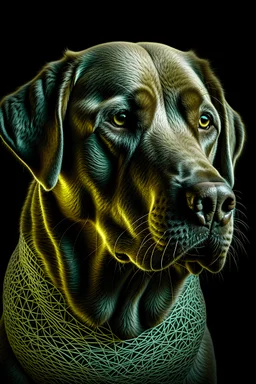 Intricately detailed artwork depicting a portrait of a Labrador Retriever combining string art, iridescent beadwork and delicate linear silverpoint art, against a dark background. Soft lighting, chiaroscuro, soft colours highly detailed elegant cinematic lighting very attractive beautiful hyperrealistic high definition cinematic postprocessing ©Susanne