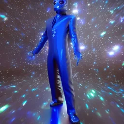 Full body ,Beautiful galactic man, blue eyes, long blond hair, cosmic blue suit, galactic blue backdrop, soft lighting, hyper realistic, unreal engine 5, 16k