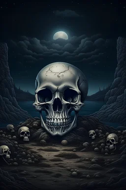 a skull in a desolate night landscape with mushrooms, semi-realistic, drawing, dark, old, abandoned, art, painting, anime style