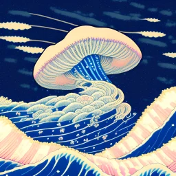 An astronaut floating in space surrounded by a halo of glowing jellyfish, done in the style of Hokusai's The Great Wave off Kanagawa