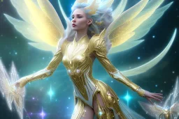  beautiful cosmic fairy, long hair, golden skin, nice smiling, transparent wings, magic glamour make up, delicate colors, beautiful glamour galactique dress, ultra sharp focus, 8k, unreal engine 5, extremely sharp detail, light effect, soft light atmosphere of a spaceship, smooth, full of details, face in front, complete vision of face and hair and body