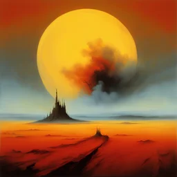 High concept art, dramatic unreal landscape, by Gerald Scarfe and Zdzislaw Beksinski, large moon on horizon, smoke plumes in distance, dynamic composition, oddball masterpiece, sfumato, complex contrast