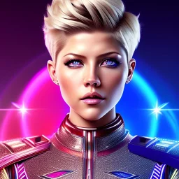 Katheryn Winnick, Cyborg anime warrior, light blonde short hair, pixie hairstyle, cobalt eyes, waist up portrait, 8k resolution, retroanime, intricate details, neon details, soft lighting, vibrant colors, masterpiece, intricate eyeliner, dark eyeshadow, eyes, intricate tattoos, gradient background