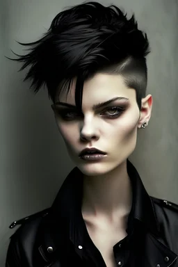 Androgynous with a striking appearance, piercing and expressive eyes, short dark and rebellious hair that is usually kept in a practical and stripped style.