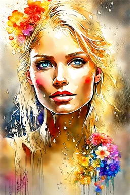 Gorgeous wet look watercolour, a beautiful sensual blond blonde woman, beautiful late summer flowers, colourful, enchanting, wet on wet, silver and gold drops, sparkling lights, winning, intricate, beautiful, gorgeous by Yossi Kotler,