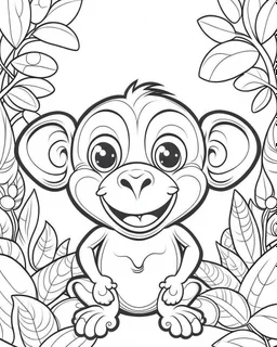 create a 2d black outline, "safari smiling cartoon baby monkey coloring book for toddlers", coloring page, low details design, black contour, coloring page design, simple background, colorful , card style, coloring page for kids, white background, sketch style, safari landscape, cartoon style