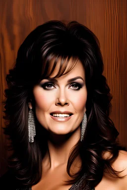 dark brown wood panel background with an overhead spotlight effect, Marie Osmond, head and shoulders portrait, full color -- Absolute Reality v6, Absolute reality, Realism Engine XL - v1