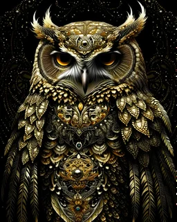 Beautiful ink art owl bird portrait adorned with baroque costume armour and baroque owl eaddress adorned with extremly white textured Golden filigree wings ribbed with mineral stones ink art style organic bio spinal ribbed detail of bokeh ink art beckground extremely textured detailed hyperrealistic maximálist ink art owl bird portrait art