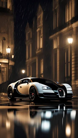 Bugatti Veyron (2005–2011),rain,reflections,4k,raytracing,night,driving,1940s london background