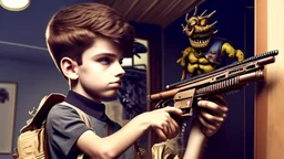 boy fends off the evil monster that came out of his closet with a steampunk styled rifle