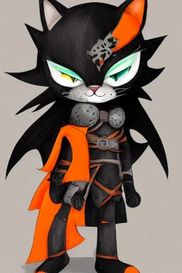 cat 2d, knight, ninja, black fur,full body, orange torn coat,game character, strong, anime, chibi