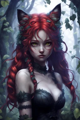 CAT GIRL, FANTASY, FORESTY, VINES, SOULLESS, FLUFFY TAIL, RED HAIR, BRAIDS, METAL