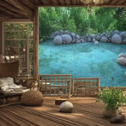 rustic wood deck with white wicker furniture, cerulean pond surrounded by smooth stones, flickering light, plants, 8k resolution, cozy, high-quality, fine-detail, tranquil, digital art, detailed matte, volumetric lighting, illustration, 3D octane render, brian froud, howard lyon, selina french, annie stokes, lisa parker, greg rutowski