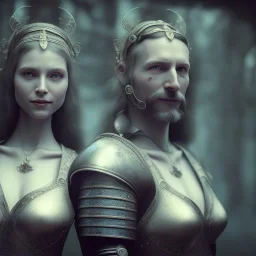 a cute smiling girl with her husband in medieval armor with a tattoo in her face, michelangelo style, steam punk, scary, horror, realistic, made in octane, cinematic, ultra-realistic, extremely detailed octane rendering, 8K, VRAY Super Real ar 2:3, dof photorealistic futuristic 50mm lens hard lighting dark gray tintype photograph, realistic lighting, sephia colors