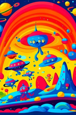 /imagine kids illustration space scene with monsters and flying saucers, cartoon style, thick lines, low detail, vivid color --ar 85:110