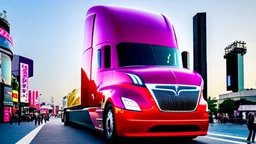 A Tesla semi-truck is racing at top speed, across the 'Universal Studios Japan', in Osaka. CINEMATIC. WIDE ANGLE LENS. PHOTO REAL.