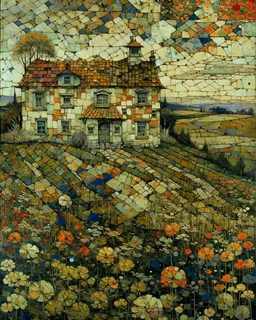 A house on the Hill. Life and times, patchwork art by Jamie Heiden, Peter Doig, Renoir, Pol Ledent, Endre Penovac Modifiers: portrait acrylic art surreal Arthur Rackham Optical illusion Debehsque