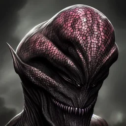 Evil humanoid alien with dark rough skin with scales, concept art, hyper realistic, photorealistic