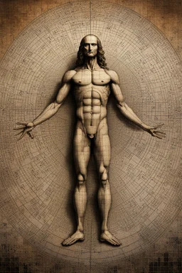 Human – Language – Computer. Leonardo da Vinci's Vitruvian man against the background of the matrix and the crumbling ones and zeroes. close-up of the surrounding area. Solid science fiction, high resolution