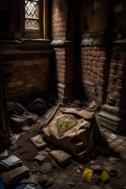 in a LARGE BASEMENT, half-buried in the earth, an ancient, worn-out, worn-out, torn-side valise peeks out, from which gold coins from the time of Catherine the Great fall out. The ancient coat of arms of Russia, the double-headed eagle, is BARELY VISIBLE on the bag. There are a lot of broken bricks and earth around the bag. All in high quality 8K