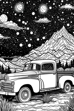 coloring Vintage Pickup under a Starry Night Sky: Depict a classic pickup in a nighttime setting, under a sky filled with stars, offering a dreamy and magical coloring page