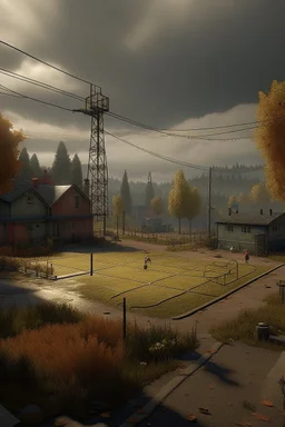 Basketball field in small town near viking structure in ps2 resolution