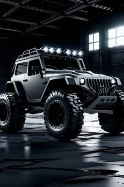 Grey futuristic long jeep with massive black rims and rotating headlights