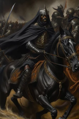 Oil painting of a king poked on his black horse and wearing full black and fur Raset battle and those around him fighting Photorealistic