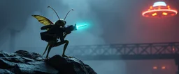 volume fog light, hyper real close up on rock ant cricket gremlin man general with hi tech transcendent weapon arsenal from hell, guarding bridge up to space saucer neon plastic transparent