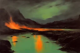 bioluminescent river, deep underground landscape, lava flow, beautiful, willem maris and friedrich eckenfelder impressionism painting