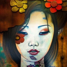 an abstract painting of rusted metal and flowers, beautiful smiling fullbody Yakuza Woman portrait, with fullbody japanese realistic tattoes, realistic,rust, scaffolding, iron cladding, decay, mixed media, textured, anatomically correct, beautiful perfect face, sharp focus, highly detailed by Gustav Klimt 8k