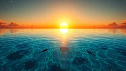Surreal infinity pool, extending in all directions like a boundless water plane, water with perfect transparency revealing underwater constellations and creatures swimming in a perpetual sunset with multiple suns creating chromatic plays on the surface, magical realism style with elements of contemplative science fiction