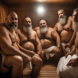 close up photography of a group of turkish and marocan 48 years old ugly chubby muscular men embraced, manly chest, covered with the towel at the hip, long beard, shaved hair, photorealistic, manly legs, manly arms, sitting in a steamy sauna, clouds of steam, side light