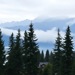 A photo of a group of fir trees and high mountains in the distance. A lake. House. Odd dark person. Fog is present.
