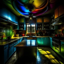 dramatic colorful surrealism gothic kitchen remodeling oil acrylic fully equipped artistic Wide angle view