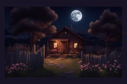 Dry trees, night, full moon, cabin, yard with flowers, fence