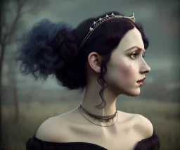 1800s, witch, pale, victorian, portrait, choker, black curly hair, victorian dress, beautiful, silver tiara, hair headdress, beads