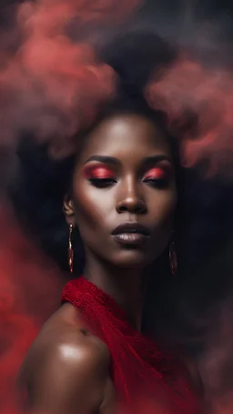 beautiful black women in red Smokey ethereal, heavenly background