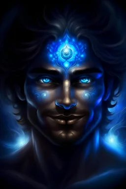 mysterious aura, intense gaze, and enigmatic smile, symbolizing his deep spiritual power