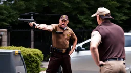 UPS delivery man at gate with angry man pointing gun at him