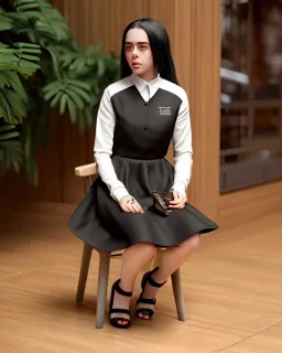 Billie Eilish, sitting on a chair, Black Short Dress, high detail, realistic