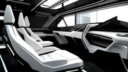 futuristic vehicle interior, white and black colors, from the side