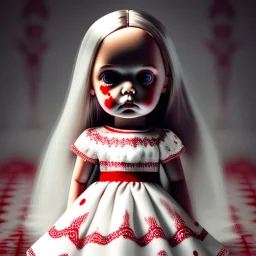 A girl's doll wearing a white dress with red blood bleeding from the back