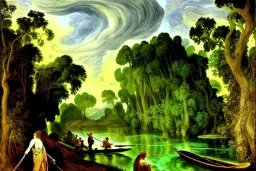 The mythical River Styx leading to Hades, Charon, high detail, Impressionist painting, fine detail, high quality, masterpiece